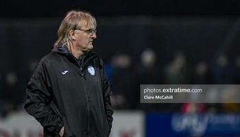 Ollie Horgan watches on from the sidelines during Finn Harps visit to Oriel Park on Monday, 28 February 2022.