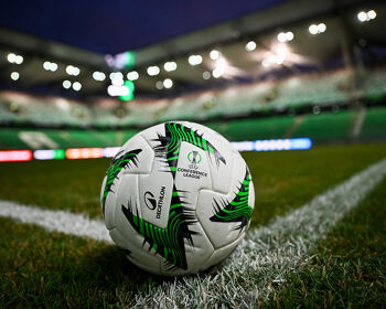 A view of the Kipsta Conference League 2024/25 match ball prior to the UEFA Conference League 2024/25 League Phase MD5 match between Legia Warszawa and FC Lugano in Warsaw in December 2024