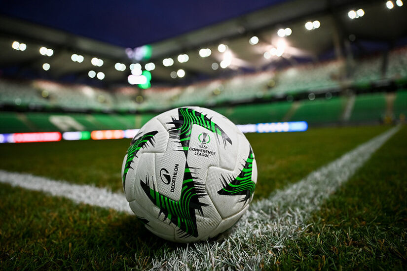 A view of the Kipsta Conference League 2024/25 match ball prior to the UEFA Conference League 2024/25 League Phase MD5 match between Legia Warszawa and FC Lugano in Warsaw in December 2024