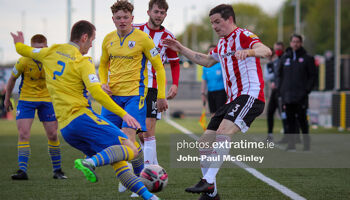 Longford's Shane Elworthy challenges for the ball in the Brandywell
