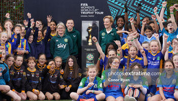 Republic of Ireland manager Vera Pauw, right, former Republic of Ireland international Olivia O'Toole and Republic of Ireland international Abbie Larkin to the left hand side of the FIFA Women’s World Cup trophy