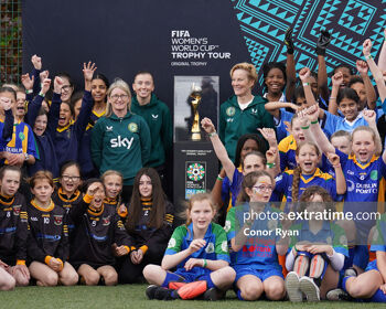 Republic of Ireland manager Vera Pauw, right, former Republic of Ireland international Olivia O'Toole and Republic of Ireland international Abbie Larkin to the left hand side of the FIFA Women’s World Cup trophy