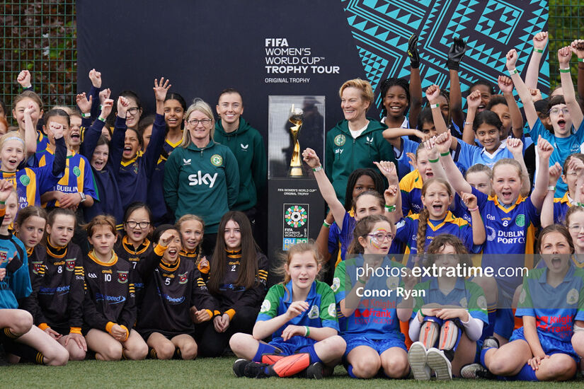 Republic of Ireland manager Vera Pauw, right, former Republic of Ireland international Olivia O'Toole and Republic of Ireland international Abbie Larkin to the left hand side of the FIFA Women’s World Cup trophy