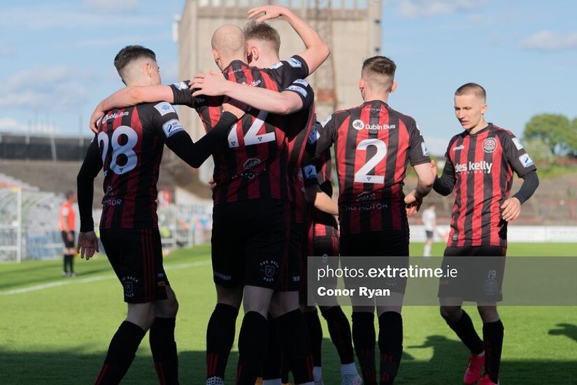 Bohs celebrate one of their five goals against Dundalk this evening.