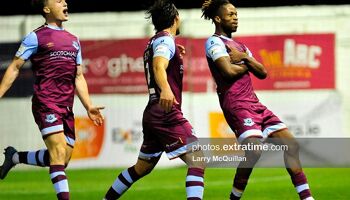 Jordan Adeyemo celebrates scoring his side's third goal in Drogheda United's 3-2 victory over Bohemians at Head in the Game Park on Friday, 10 September 2021.