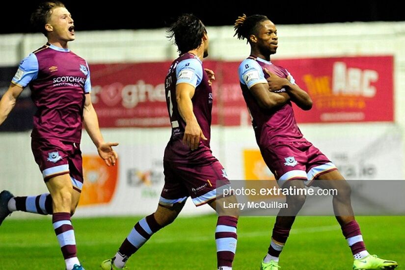 Jordan Adeyemo celebrates scoring his side's third goal in Drogheda United's 3-2 victory over Bohemians at Head in the Game Park on Friday, 10 September 2021.