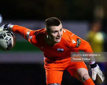 Longford Town FC goalkeeper Jack Harrington during the Permanent TSB LFA Senior Cup 23/24 Group B match between Maynooth University Town FC and Longford Town FC at Maynooth University Astro Pitch on 05 February 2024.