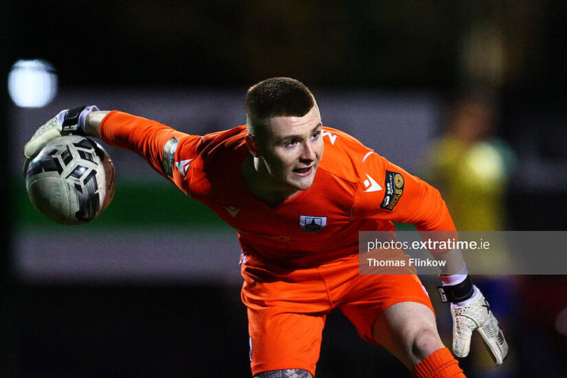 Longford Town FC goalkeeper Jack Harrington during the Permanent TSB LFA Senior Cup 23/24 Group B match between Maynooth University Town FC and Longford Town FC at Maynooth University Astro Pitch on 05 February 2024.