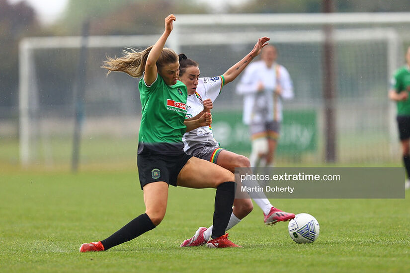 Bronagh Kane of Bohemian FC tackled by Chloe Moloney of Peamount United