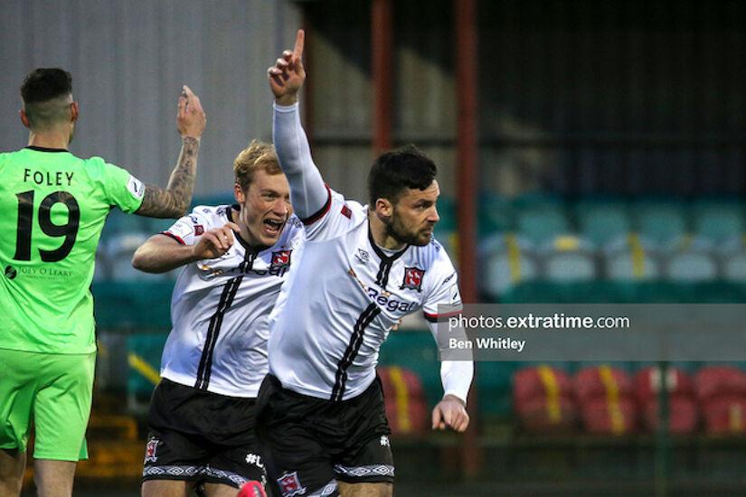 Patrick Hoban of Dundalk celebrates his goal during the Premier Division match between Dundalk and Finn Harps at Oriel Park back in March that Harps won 2-1