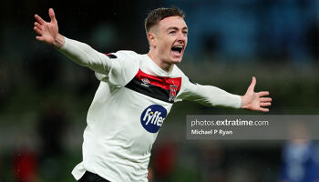 Daniel Kelly celebrates after scoring Dundalk's third goal against KI Klaksvik in a Europa League play-off at the Aviva Stadium in 2020