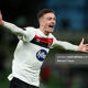 Daniel Kelly celebrates after scoring Dundalk's third goal against KI Klaksvik in a Europa League play-off at the Aviva Stadium in 2020