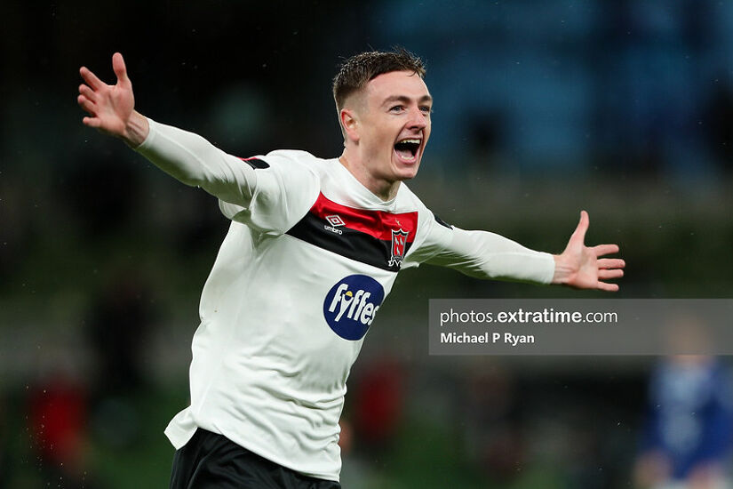 Daniel Kelly celebrates after scoring Dundalk's third goal against KI Klaksvik in a Europa League play-off at the Aviva Stadium in 2020