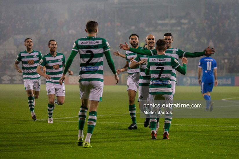 Rovers celebrating a Danny Mandroiu goal in win over Finn Harps in October