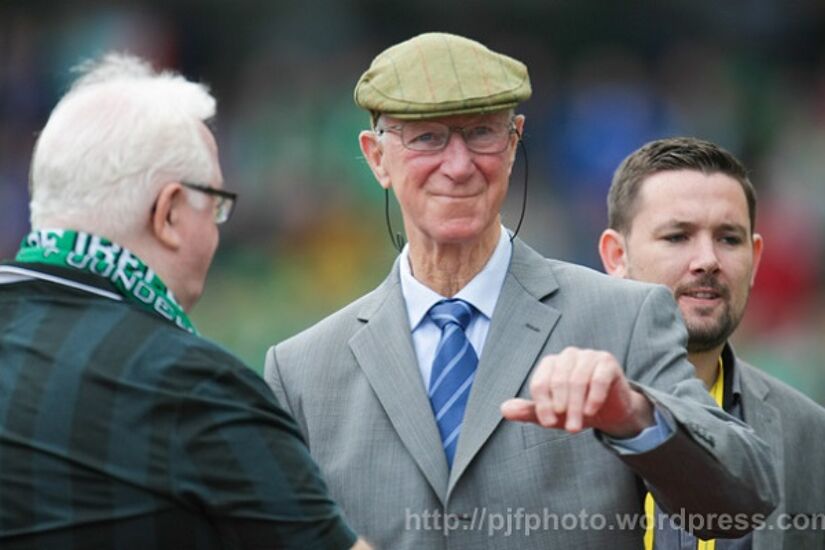 Charlton was celebrated by supporters of England and the Republic of Ireland ahead of the Aviva Stadium friendly in 2015.