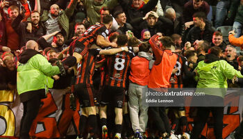 Bohs players and fans celebrate Georgie Kelly's late winner