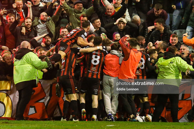 Bohs players and fans celebrate Georgie Kelly's late winner