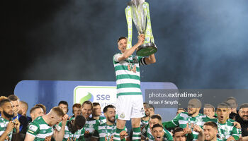 Rovers skipper Ronan Finn lifting the league trophy