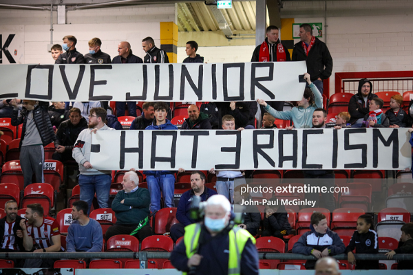 Derry City fans during their side's 3-0 win over Longford Town at the Ryan McBride Brandywell on Friday, 24 September 2021.