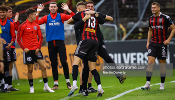 Kacper Radkowski of Bohemian FC celebrates his goal with Declan Devine manager of Bohemian FC