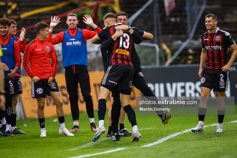 Kacper Radkowski of Bohemian FC celebrates his goal with Declan Devine manager of Bohemian FC