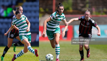 Aoife Kelly (left) and Jessica Hennessy in action for Shamrock Rovers in last month's scoreless Dublin Derby in Dalymount Park