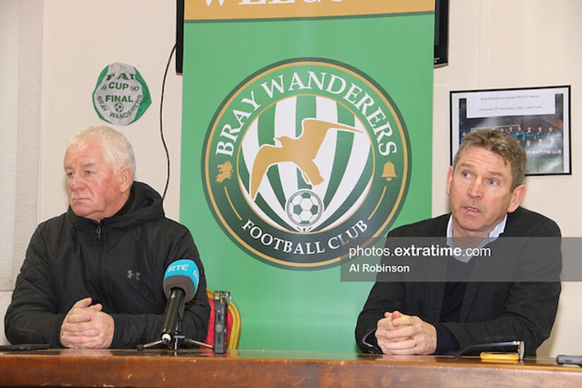 Director/Head of Football Pat Devlin at the Bray Wanderers FC and Cabinteely FC chairman Tony Richardson at the recent press conference to announce merger at the Carlisle Grounds.