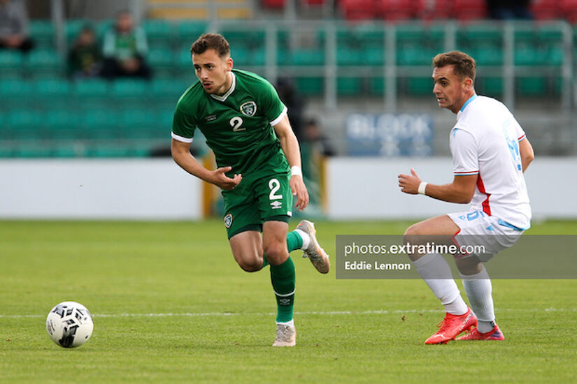 Lee O'Connor races onto the ball against Luxembourg