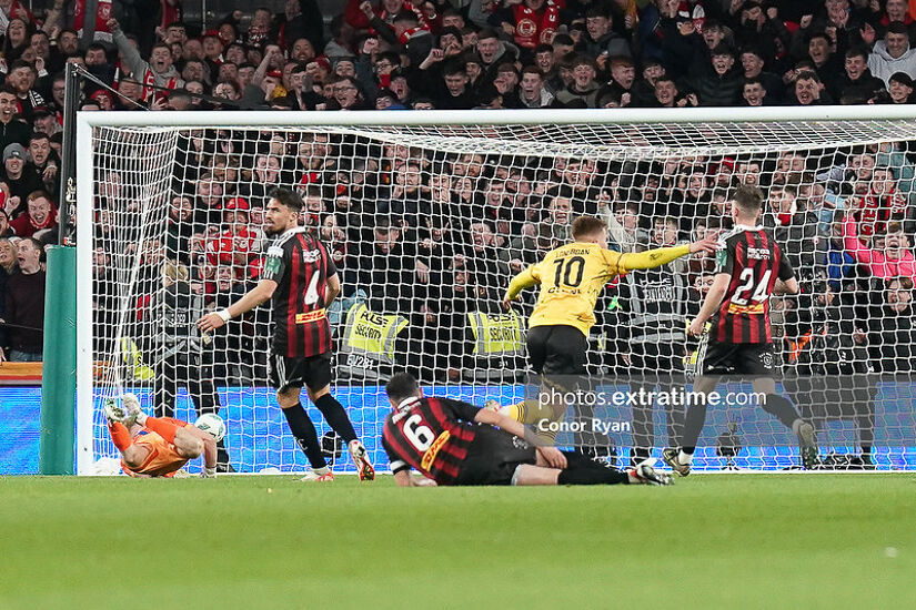 Tommy Lonergan of St Patrick's Athletic FC celebrates scoring his sides third goal in their 2023 FAI Cup Final win over Bohs