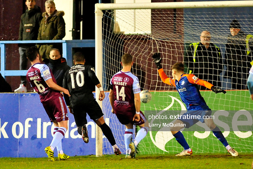 Jordan Hamilton scores for Sligo Rovers during their 3-0 win over Drogheda United at Head in the Game Park on Friday, 11 March 2022.