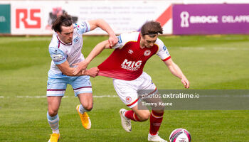 Matty Smith of St Patrick's Athletic in action against James Brown of Drogheda United 