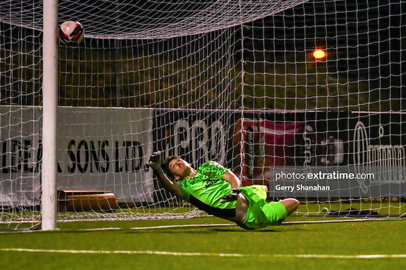 Waterford's Paul Martin makes his second penalty save during the Athlone Town v Waterford FAI Cup tie