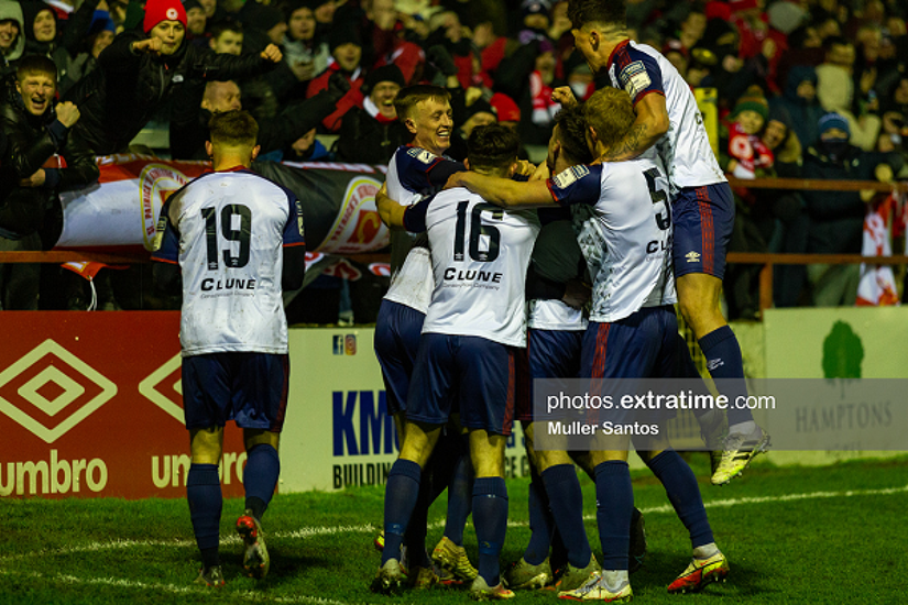 The Saints celebrate a goal during their 3-0 win over Shelbourne at Tolka Park on Friday, 18 February 2022.