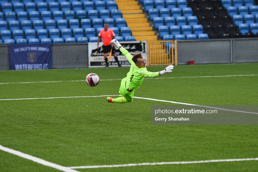 Athlone Town goalkeeper Kayleum Rice could do nothing to keep out this Waterford shot during the FAI Cup match at Athlone Town Stadium on July 23rd, 2021.