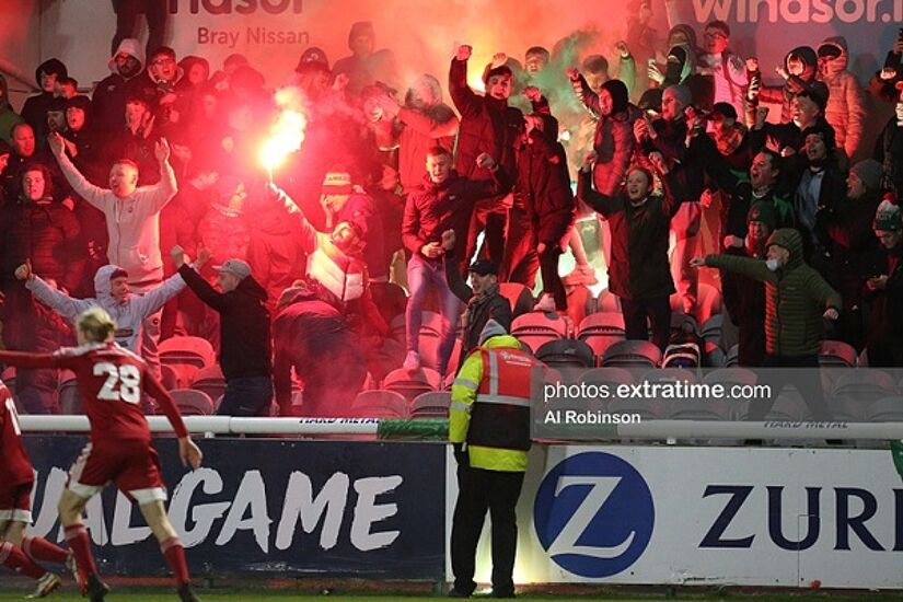 Cork City fans celebrate a goal for the Rebels during their 6-0 win over Bray Wanderers at the Carlisle Grounds on Friday, 18 February 2022.