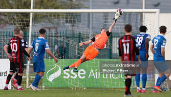 Paul Martin of Waterford saves from a free kick from Tyreke Wilson which rebounded from the cross bar and into the path of Rob Cornwall of Bohs to score