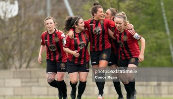 Bohemians captain Sophie Watters (centre) celebrates her side's fourth goal during a 6-2 win over Treaty United at the Oscar Traynor Complex on March 27th, 2021.