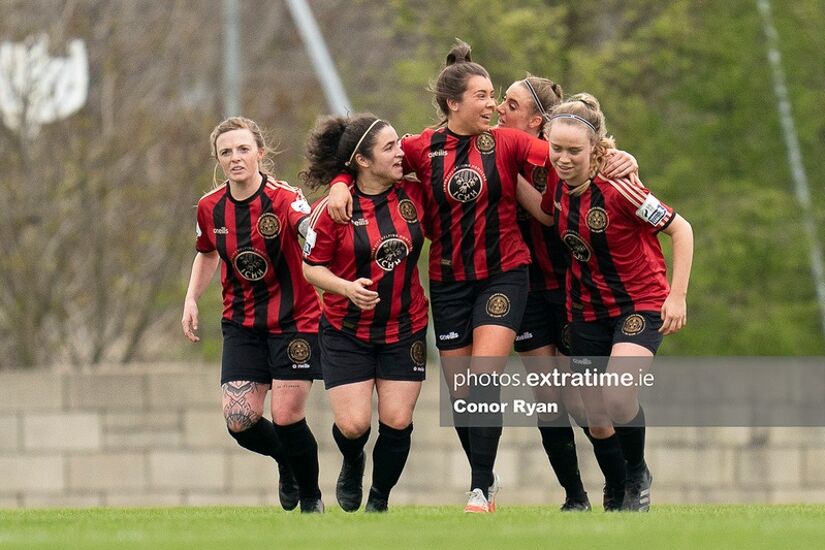 Bohemians captain Sophie Watters (centre) celebrates her side's fourth goal during a 6-2 win over Treaty United at the Oscar Traynor Complex on March 27th, 2021.