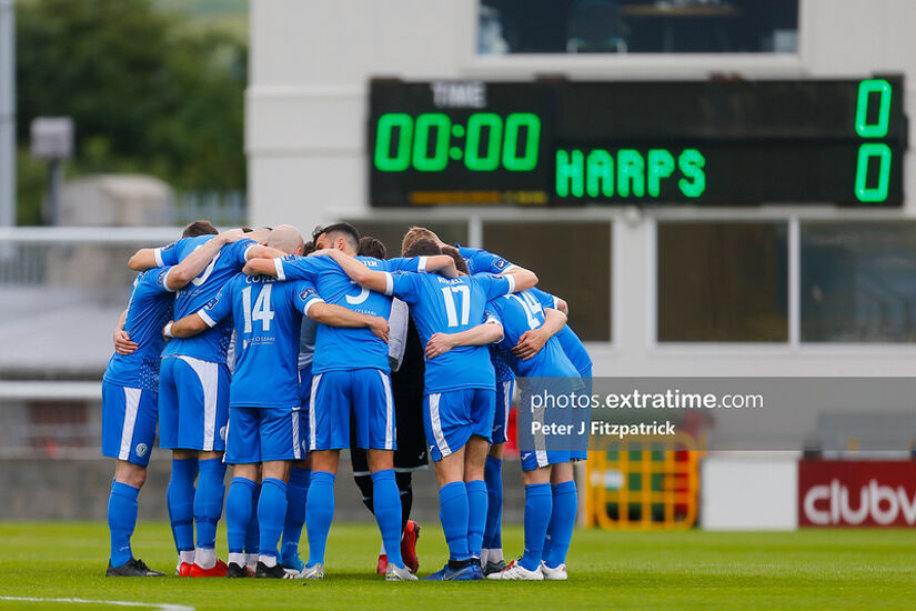 Finn Harps players gather ahead of a league meeting with Shamrock Rovers on August 1st, 2020.