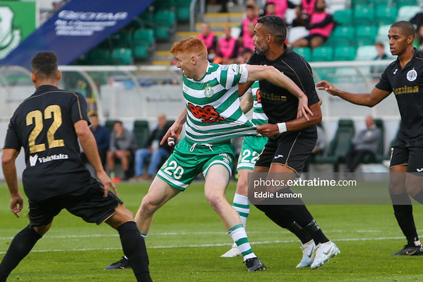 Rory Gaffney battling it out against the Hibernians defence in Shamrock Rovers' 3-0 Champions League first qualifying round first leg win in Tallaght over the Maltese champions