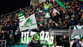 Shamrock Rovers fans watch as their team beats Drogheda United 3-1 at Tallaght Stadium on Monday, 28 February 2022.