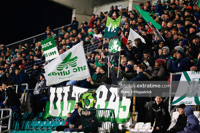 Shamrock Rovers fans watch as their team beats Drogheda United 3-1 at Tallaght Stadium on Monday, 28 February 2022.