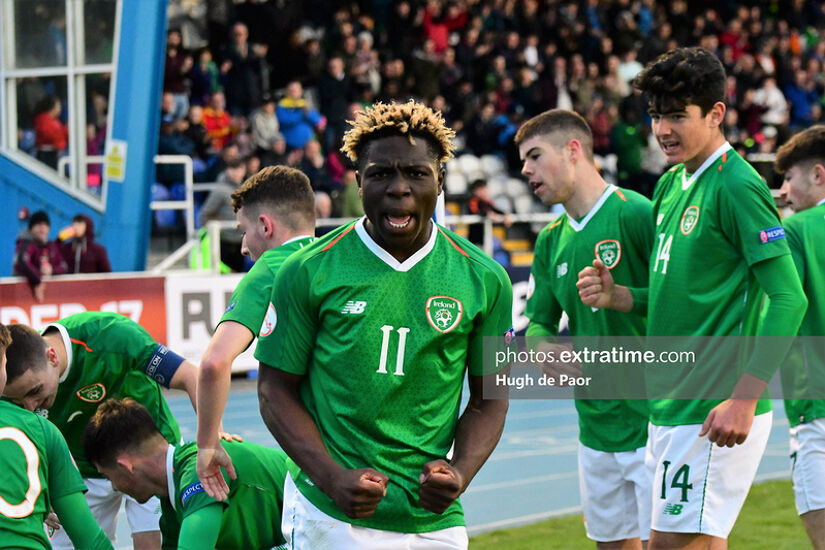 Festy Ebosele celebrates a Republic of Ireland goal during a 2019 under-17 European Championships game with the Czech Republic.
