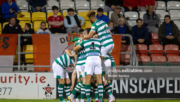 Shamrock Rovers players celebrate their goal against Sligo Rovers
