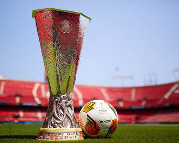 The UEFA Europa League trophy and official match ball at Estadio Ramon Sanchez Pizjuan in Seville ahead of last year's final