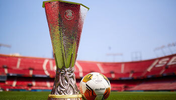 The UEFA Europa League trophy and official match ball at Estadio Ramon Sanchez Pizjuan in Seville ahead of last year's final