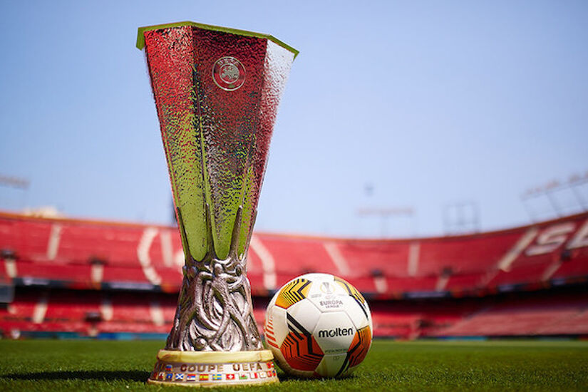 The UEFA Europa League trophy and official match ball at Estadio Ramon Sanchez Pizjuan in Seville ahead of last year's final