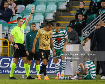 François Letexier shows a yellow card during Shamrock Rovers' 1-0 Europa League qualifier win over Ferencvaros in August 2022 in Tallaght Stadium