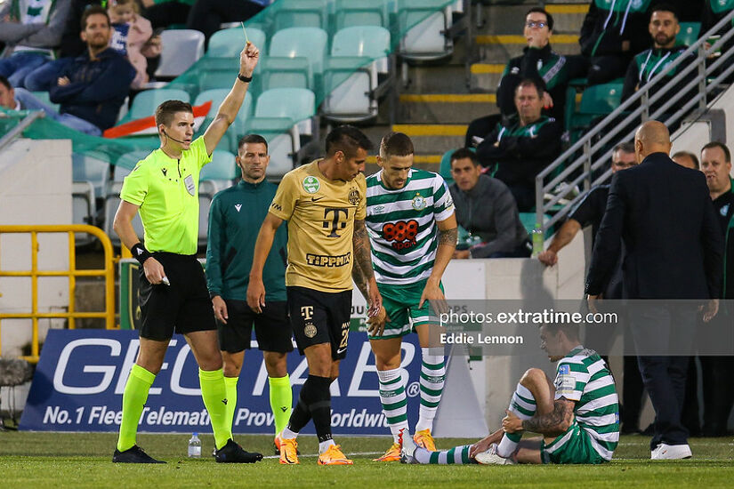 François Letexier shows a yellow card during Shamrock Rovers' 1-0 Europa League qualifier win over Ferencvaros in August 2022 in Tallaght Stadium