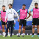 Lautaro Martinez (left) and Head Coach Simone Inzaghi look on during the Internazionale training session ahead of UEFA Champions League